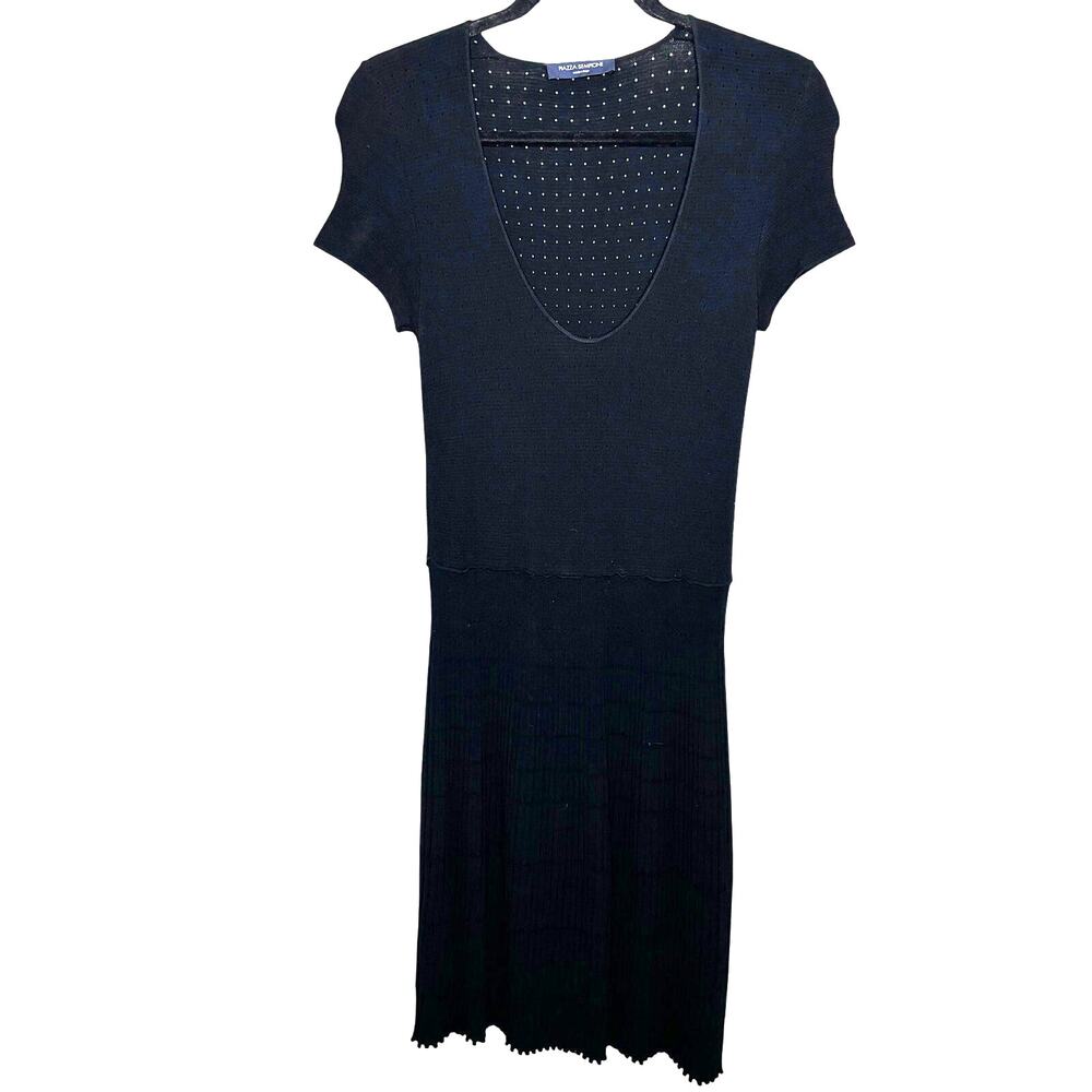 Piazza Sempione Black Short Sleeve Perforated Pleated Flare A Line Dress 42 US 6